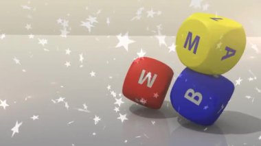 Animation of star icons over colorful dices falling against grey background. Casino and gambling concept