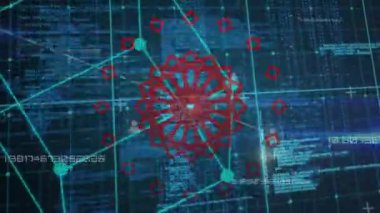 Animation of digital screen with diverse data, red shapes and connections. Data processing, network, connections and digital interface concept digitally generated video.