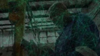 Tablet kullanan Afro-Amerikan erkek tamirci üzerinden bağlantı ağının animasyonu. Küresel iş, bilgisayar ve dijital arayüz kavramı dijital olarak oluşturulmuş video.