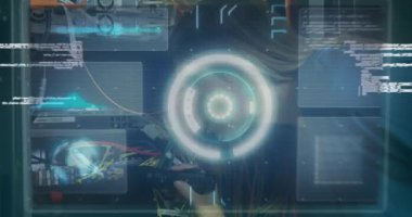 Animation of data processing over caucasian server room female worker. Global science, connections, data processing and digital interface concept digitally generated video.