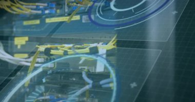 Animation of digital interface over server room. Global science, connections, data processing and digital interface concept digitally generated video.