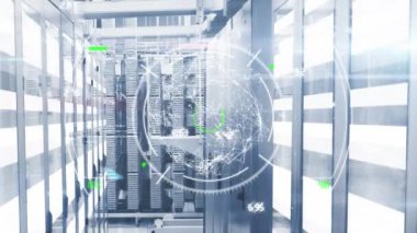 Animation of globe and data processing over server room. Global business digital interface technology and networking concept digitally generated video.