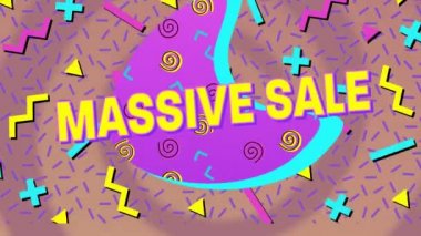 Animation of massive sale text over abstract template with plus, minus, arrow symbols. Digital composite, advertisement, communication, holiday and seasonal, marketing, creativity, sign concept.