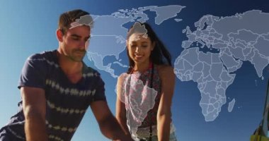 Kafkasyalı çiftlerin konuştuğu dünya haritasının animasyonu. Tatil ve dijital arayüz kavramı dijital olarak oluşturulmuş video.