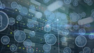 Animation of network of connections over server room. global connections, computing and digital interface concept digitally generated video.