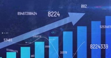 Animation of arrow, increasing numbers over bar graph against blue background. Digital composite, technology, cloud computing, data, development, business, economy, finance.
