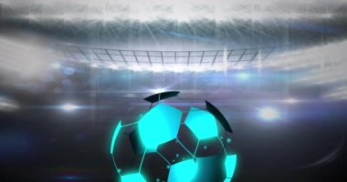 Animation of neon soccer ball over sport stadium. Soccer, sport, tournament and cheering concept digitally generated video.