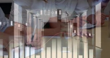 Animation of financial data processing over businesses people. global business, finances, data processing and digital interface concept digitally generated video.