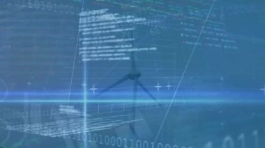 Animation of financial data processing over wind turbine. Global ecology, computing and digital interface concept digitally generated video.