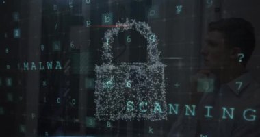 Animation of data processing over digital online security padlock and dark background. Global science, connections, data processing and digital interface concept digitally generated video.