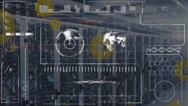 Animação Processamento Dados Ícones Sobre Sala Servidor Conceito Tecnologia Global — Vídeo de Stock