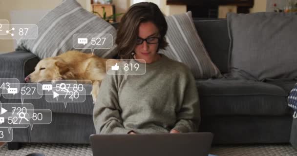Digital Icons Speech Bubbles Caucasian Woman Using Laptop While Dog — Vídeos de Stock
