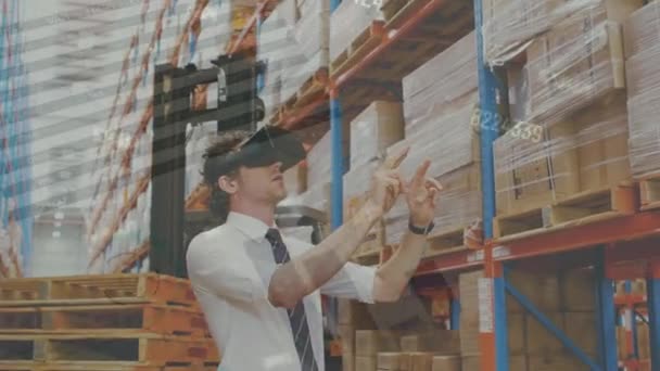 Animation Data Processing Caucasian Male Supervisor Wearing Headset Warehouse Logistics — Vídeo de Stock