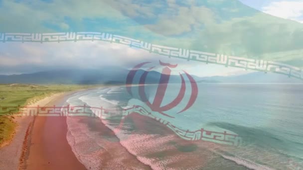 Composite Video Waving Iran Flag Aerial View Beach Sea Waves — Vídeos de Stock