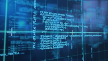 Animation of data processing on blue background. global finances, computing and digital interface concept digitally generated video.