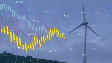 Animation of statistics and financial data processing over wind turbine in countryside. Global sustainability, environment and data processing concept digitally generated video.