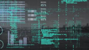 Animation of digital screen with graphs and diverse data over landscape. Global finance, economy and technology concept digitally generated video.