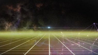 Animation of bright light beam with network connecting dots over playground with grids. Digital composite, technology, artificial intelligence, sports, connections, connect the dots.
