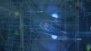 Animation of data processing and network of connections over server room. Global connections business technology and networking concept digitally generated video.