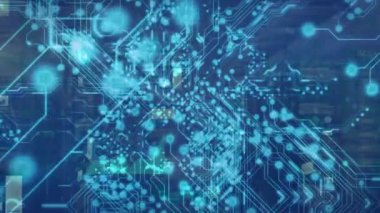 Animation of integrated circuit on navy background. Global network, connections and technology concept digitally generated video.