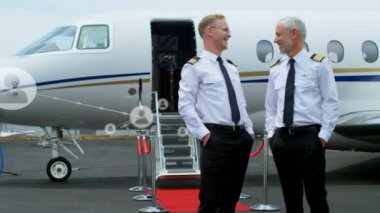 Çeşitli havaalanı erkek işçileri üzerindeki bağlantı ağının animasyonu. Küresel iş ve dijital arayüz kavramı dijital olarak oluşturulmuş video.