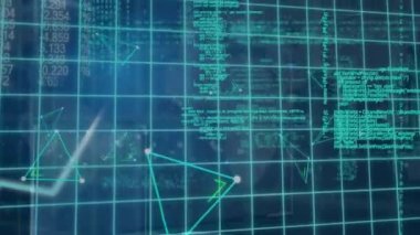 Animation of triangles, graphs and data processing on navy and green digital space. Green energy, econ power, finance and economy concept digitally generated video.