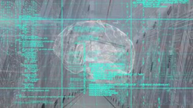 Animation of data processing and spinning human brain against computer server room. Medical research and business data storage technology concept