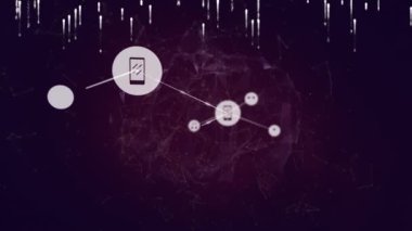 Animation of network of connections with icons over data processing and globe on black background. Global connections, computing and digital interface concept digitally generated video.