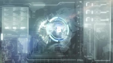 Animation of scope scanning with countdown over data processing and cityscape. global technology, computing and digital interface concept digitally generated video.