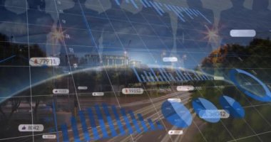 Animation of social media notifications, multiple graphs, silhouette people, light trails on street. Digitally composite, multiple exposure, database, telecommunications, city, internet, technology.