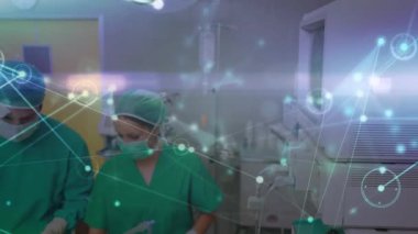 Animation of connected illuminated dots over caucasian surgeons operating patient during surgery. Composite, occupation, multiple exposure, surgeon, teamwork, surgery, technology.