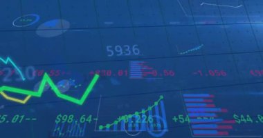 Animation of digital multiple graphs moving in loop with changing numbers on blue grid pattern. Digitally generated, multiple exposure, data, report, business, trading, investment and finance.