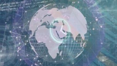 Animation of financial data processing, network connecting dots, globe on graphic interface. Digital composite, artificial intelligence, global communication, development, networking, data analysis.