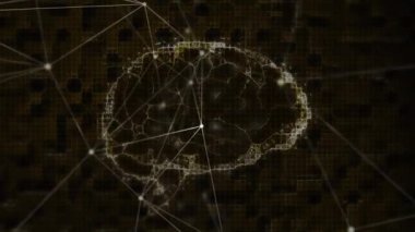 Animation of moving shapes and brain over black background. Global business and digital interface concept digitally generated video.