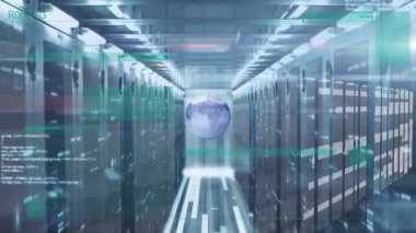 Animation of rotating digital globe with data and moving lines against server room. Digital composite, multiple exposure, network security, networking, globalization and network server concept.