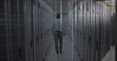 Animation of cyber security data processing against male engineer walking in server room. Global economy and business data storage technology concept