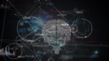 Animation of network of connections over data processing on black background. global technology, data processing and connections concept digitally generated video.