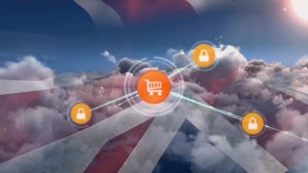 Animation Network Connections British Flag Clouds Sky Global Cloud Computing — 图库视频影像