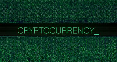 Image of interference over cryptocurrency text on black background. Global technology and digital interface concept digitally generated image.