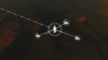 Animation of network of people and cloud icons exchanging data over countryside and sunset sky. Global communication, business and data sharing concept digitally generated video.