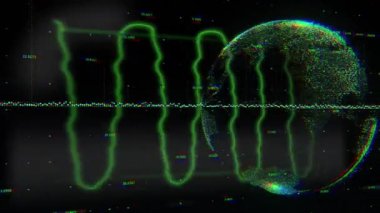 Animation of tv glitch and graphs over globe. Media, television, communication and information concept digitally generated video.