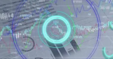 Animation of blue circular scanner over layers of processing data on grey background. Global communication, business, data and digital interface concept digitally generated video.