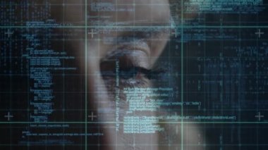 Animation of data processing over eye of caucasian woman. global finances, computing and digital interface concept digitally generated video.
