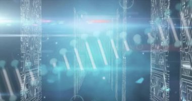 Animation of dna structure spinning over screens of microprocessor connections on blue background. Medical research and science technology concept