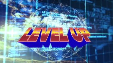 Animation of level up over globe and data processing. video games, communication and entertainment concept digitally generated video.