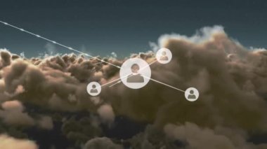 Animation of network of connections over clouds in sky. Global cloud computing, data processing and networks concept digitally generated video.