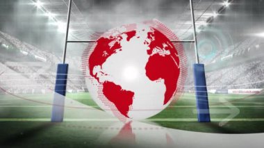 Animation of globe, scanner and communication network with arrows over rugby stadium pitch. Global communication, sport, competition and digital interface concept digitally generated video.