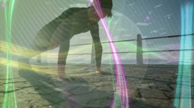 Animation of neon dna with abstract pattern against caucasian woman doing pushups on pier at beach. Digital composite, multiple exposure, connect the dots, wellbeing, fitness, healthy lifestyle.