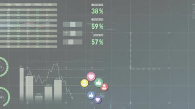 Animation of social media icons over financial data processing on grey background. global finances, computing and digital interface concept digitally generated video.