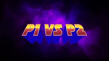 Animation of p1 vs p2 over purple smoke on black background. video games, communication and entertainment concept digitally generated video.